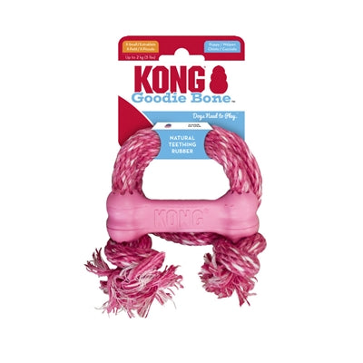 Kong Puppy Goodie Bone Rubber Met Touw Roze Of Lichtblauw Assorti