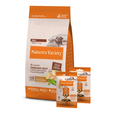 Mini Chicken Graanvrij Toppers van Natures Variety met graanvrij hondenvoer voor mini-rassen en gevriesdroogde kip toppers